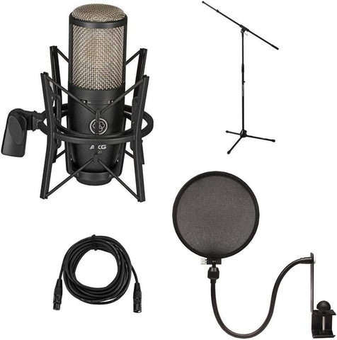 AKG P220 Large Diaphragm Condenser Microphone - Bundle Stand, Pop Filter, Cable