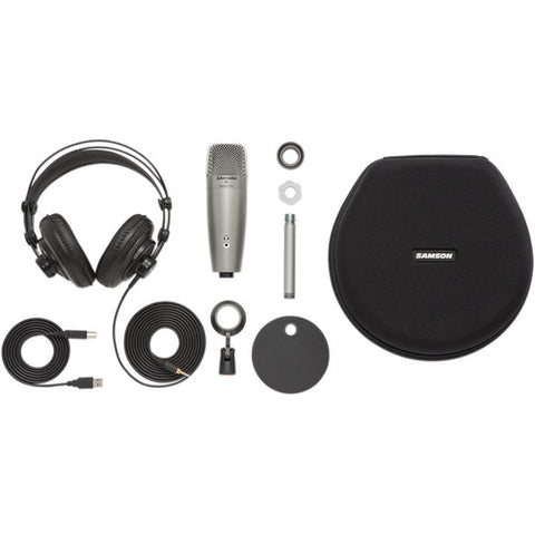 Samson C01U USB Pro Podcasting Silver Pack with headphones, mount, case, condenser mic