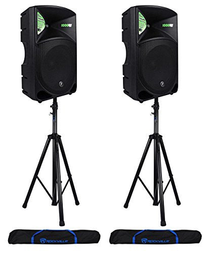 Pair of Mackie THUMP 15 Speakers with Speaker Stands and Travel Bag