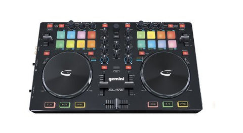 Gemini Slate USB/MIDI controller with audio I/O, multi-function pad controls, touch sensitive jog wheels, 2-channel mix controls, Comes with Virtual DJ LE