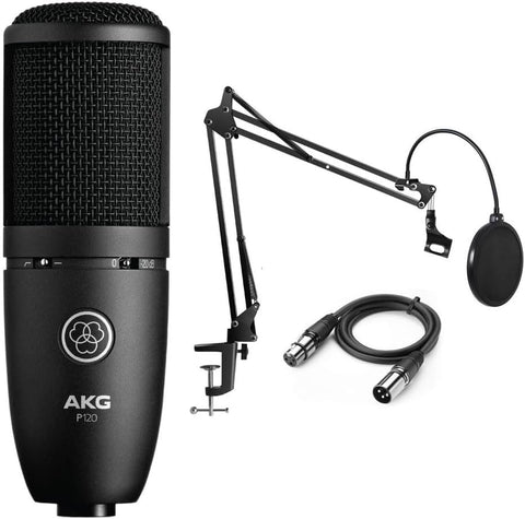 AKG P120 High-Performance General Purpose Recording Microphone Bundle with Gooseneck Pop Filter, Boom Arm and XLR Cable