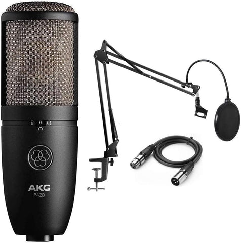 AKG P420 Dual Capsule Condenser Microphone Bundle with Gooseneck Pop Filter, Boom Arm and XLR Cable