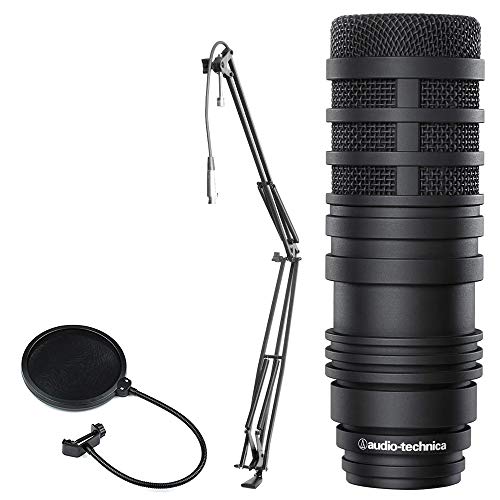 Audio-Technica BP40 Large Diaphragm Dynamic Broadcast Podcast Microphone + On Stage Boom Arm with XLR Cable + CAD Audio Pop Filter