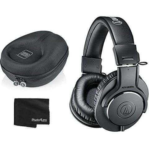 Audio-Technica ATH-M20x Monitor Headphones (Black) + Headphone Case + Cleaning Cloth - Deluxe Bundle