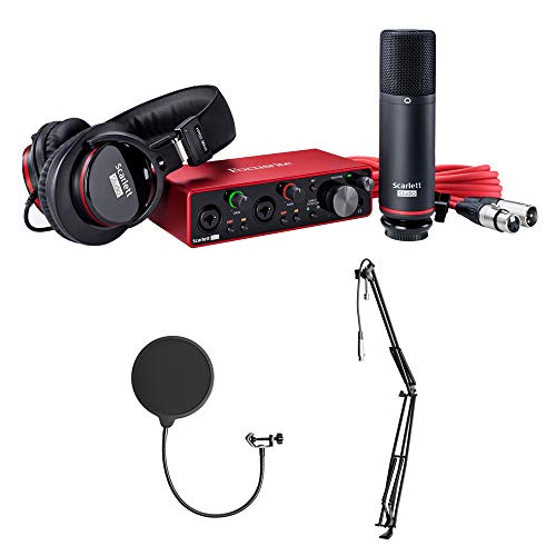 Focusrite Scarlett 2i2 Studio 3rd Gen 2-in, 2-out USB Audio Interface with Microphone &amp; Headphones, MBS5000 Boom Arm with XLR Cable &amp; Kellopy Pop Filter Bundle