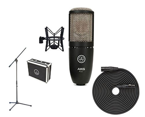 AKG P220 Vocal Condenser Microphone, Black + Boom Stand + Cable