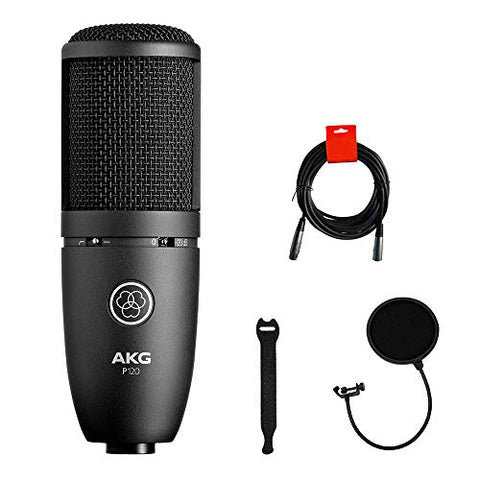 AKG P120 Cardioid Condenser Microphone (Black) with XLR-XLR Cable, Pop Filter &amp; 10-Pack Straps Bundle