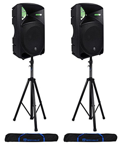 Pair of Mackie THUMP 15 Speakers with Speaker Stands and Travel Bag