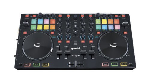 Gemini Slate 4 USB/MIDI controller with audio I/O, multi-function pad controls, touch sensitive jog wheels, 4-channel mix controls, Comes with Virtual DJ LE
