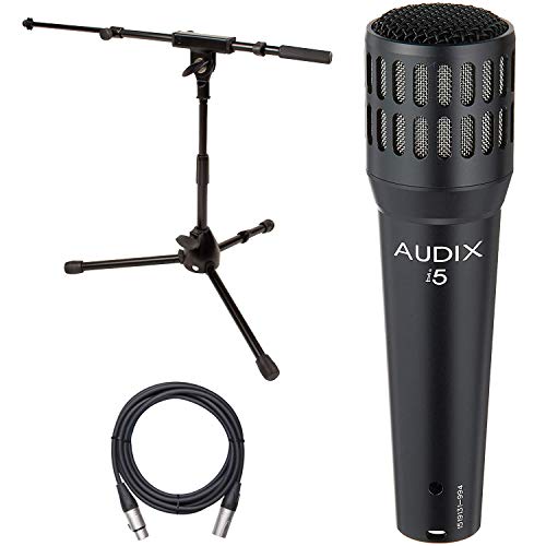 Audix I5 Dynamic Instrument Microphone + Low Profile Microphone Stand with Telescoping Boom + XLR Mic Cable XLR-M to XLR-F