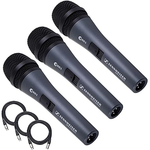 Sennheiser 3-Pack E835-S Dynamic Vocal Microphone with 3 XLR Mic Cables XLR-M to XLR-F