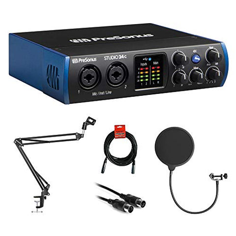 PreSonus Studio 24c 2x2 USB Type-C Audio/MIDI Interface with Kellopy Pop Filter, Mic Boom Scissor Arm Stand, 10ft MIDI Cable &amp; XLR Cable Bundle