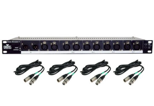 Chauvet Data Stream 4 DJ Universal DMX-512 Optical Splitter + 25' DMX Cables
