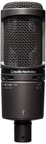 Audio Technica AT2020USB+ Side-address cardioid condenser microphone with USB digital output, built-in headphone jack, headphone volume control and mix control. Windows and Mac compatible.