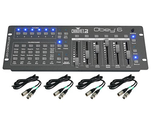 CHAUVET OBEY 6 Compact Universal 6 Fixture DMX Lighting Controller + 4 DMX Cables Bundle (Refurb)