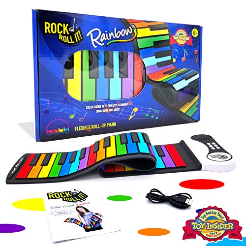 Rock And Roll It - Rainbow Piano. Flexible, Completely Portable, 49 standard Keys, battery OR USB powered. Includes play-by-color song book!
