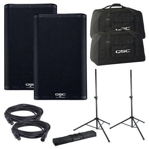 QSC K10.2 2 Powered PA/DJ Speakers &amp; 2 Totes with 2 Stands with Bag