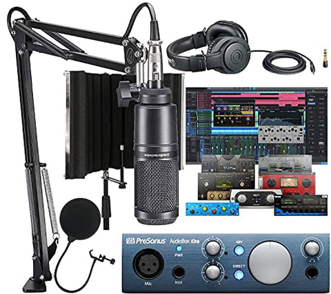 PreSonus AudioBox iOne 2x2 Audio Recording Interface for USB/iPad and iOS Devices with Studio One 5 DAW Software, Audio-Technica AT2020 Vocal Microphone Arm Kit, Gooseneck Pop Isolation Shield