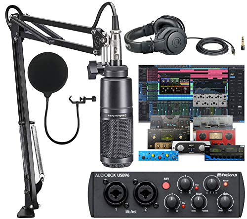 Presonus AudioBox 96 Audio USB 2.0 Recording Interface with Studio One Artist DAW Software with Audio-Technica AT2020 Vocal Microphone Arm Kit for Studio Recording/Streaming/Podcasting