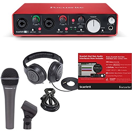 Focusrite Scarlett 2i4 (2ND GEN) 2 In/4 Out USB Recording Audio Interface Bundle with Dynamic Handheld Microphone, Clip, XLR Cable and Studio Headphones