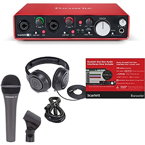 Focusrite Scarlett 2i4 (2ND GEN) 2 In/4 Out USB Recording Audio Interface Bundle with Dynamic Handheld Microphone, Clip, XLR Cable and Studio Headphones