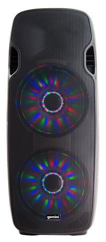 Gemini AS-215BLU-LT Active Class-AB Dual 15&quot; Loudspeaker, 250W RMS, 800W Peak, Intergrated MP3 player with Bluetooth, Sound activated LEDS with on/off switch