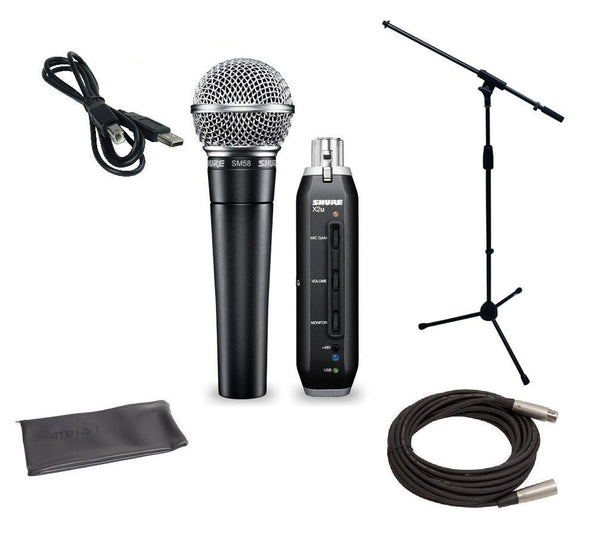 Shure SM58 USB Microphone Bundle with X2U XLR-to-USB Audio Interface, MIC Boom Stand and XLR Cable