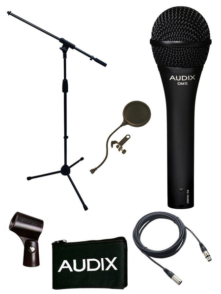 Audix OM5 Microphone Bundle with Mic Boom Stand, XLR Cable and Pop Filter Popper Stopper