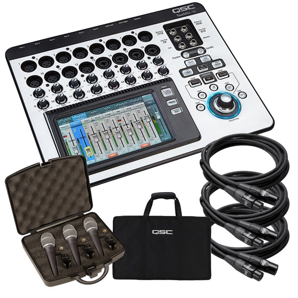 QSC TouchMix-16 Compact Digital Mixer STAGE KIT w/ Mic 3 Pack & Cables
