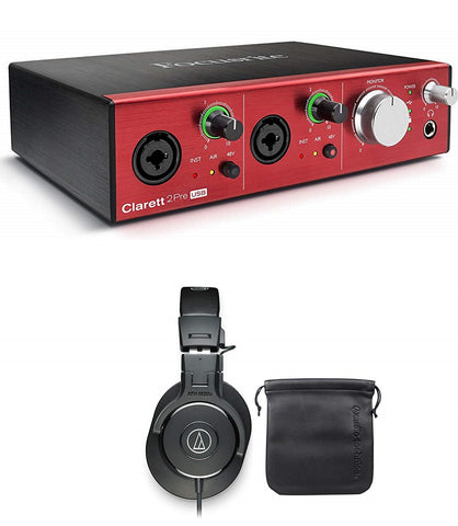 Focusrite CLARETT 2PRE 10-In/4-Out USB Interface With 2 Clarett Mic Preamps and Very Low Latency + Audio Technica ATH-M30X Professional Studio Monitor Collapsible Headphones Bundle