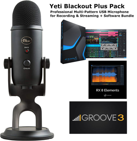 Blue Yeti Blackout Plus Pack Multi-Pattern USB Mic for Recording &amp; Streaming + Software Bundle